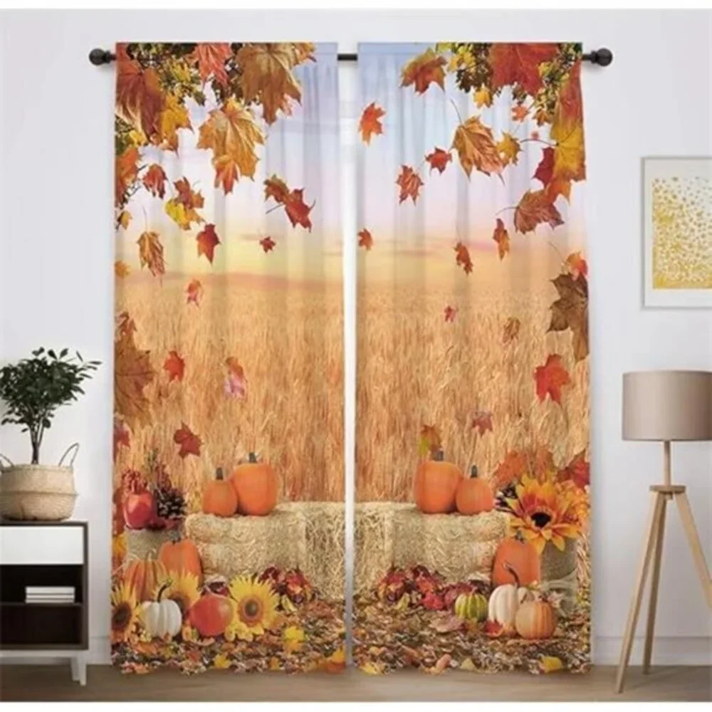 Autumn Scenery Window Curtains- Landscape Pumpkin Print Darkening Drapes, 82x84